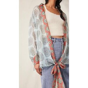 Free People Womens Top OS Kantha Shimmer Tie Front Kimono Boho Gypsy Hippie